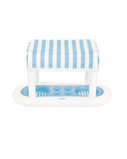 FUNBOY's inflatable floating cabana bar drink station with blue and white striped canopy.